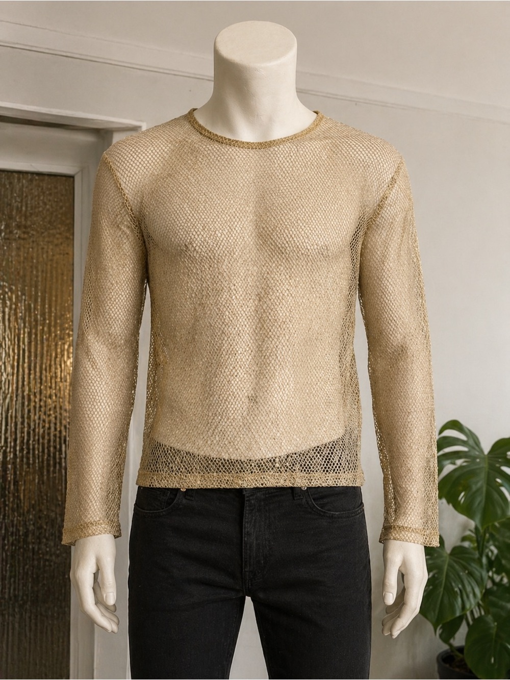 Asos Gold Metallic Mesh Long Sleeve Top